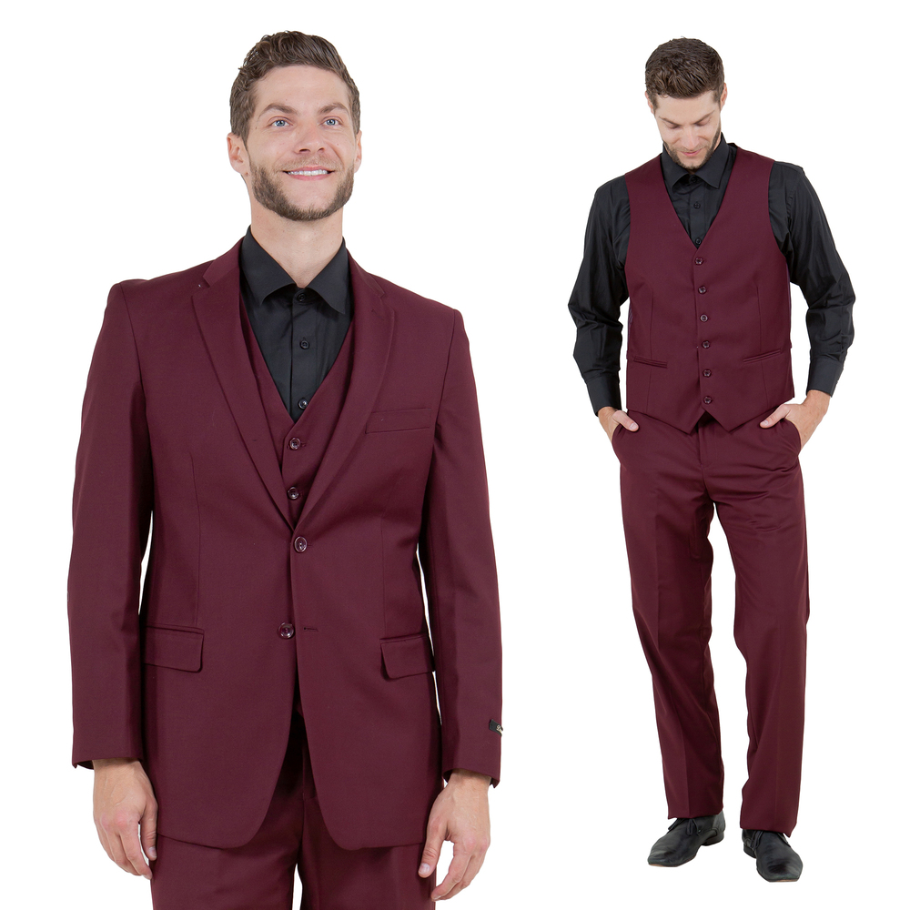Modern Fit 3pc Mens Suit Set by Demantie, Burgundy